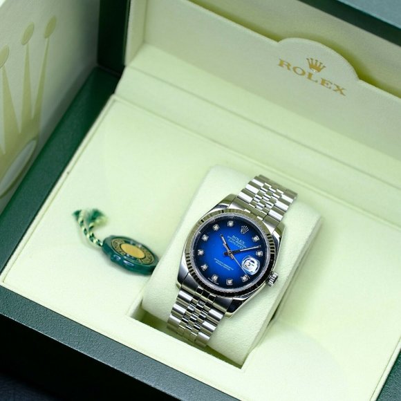 ROLEX MEN'S DATEJUST SS FACTORY BLUE DIAMOND DIAL FLUTED BEZEL 36MM REF 116234 - Picture 1 of 12